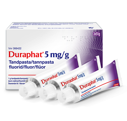 Produktbillede af Duraphat 5 mg/g: én æske og tre tandpastatuber foran.