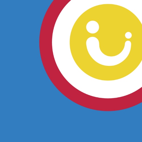 Gul smiley-figur i en hvid cirkel omkranset af en rød ring på en blå baggrund i et moderne, grafisk design