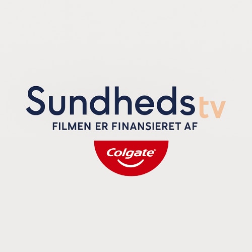 SundhedsTV logo med teksten "Filmen er finansieret af" over Colgates logo på en lys grå baggrund