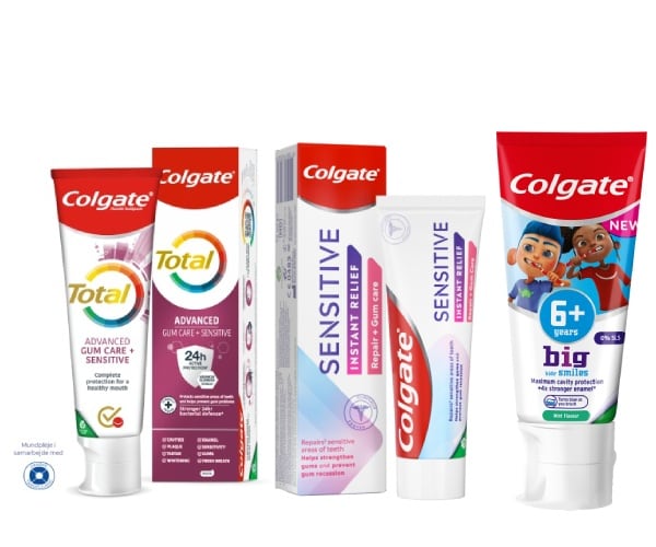 PreviDent tandpastatube, Colgate total tube, og Colgate Sensitive tube produktbilleder